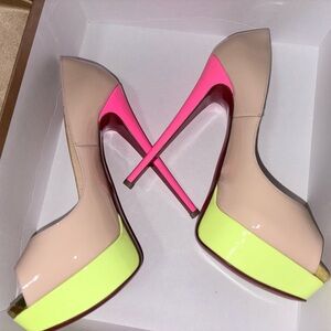 Christian Louboutin Nude Heels with Neon Pink and Yellow